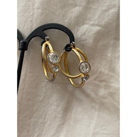 Vintage Double Hoop Vintage Look Gold / Silver Tone Rhinestone Pierced Earrings - Picture 2 of 12